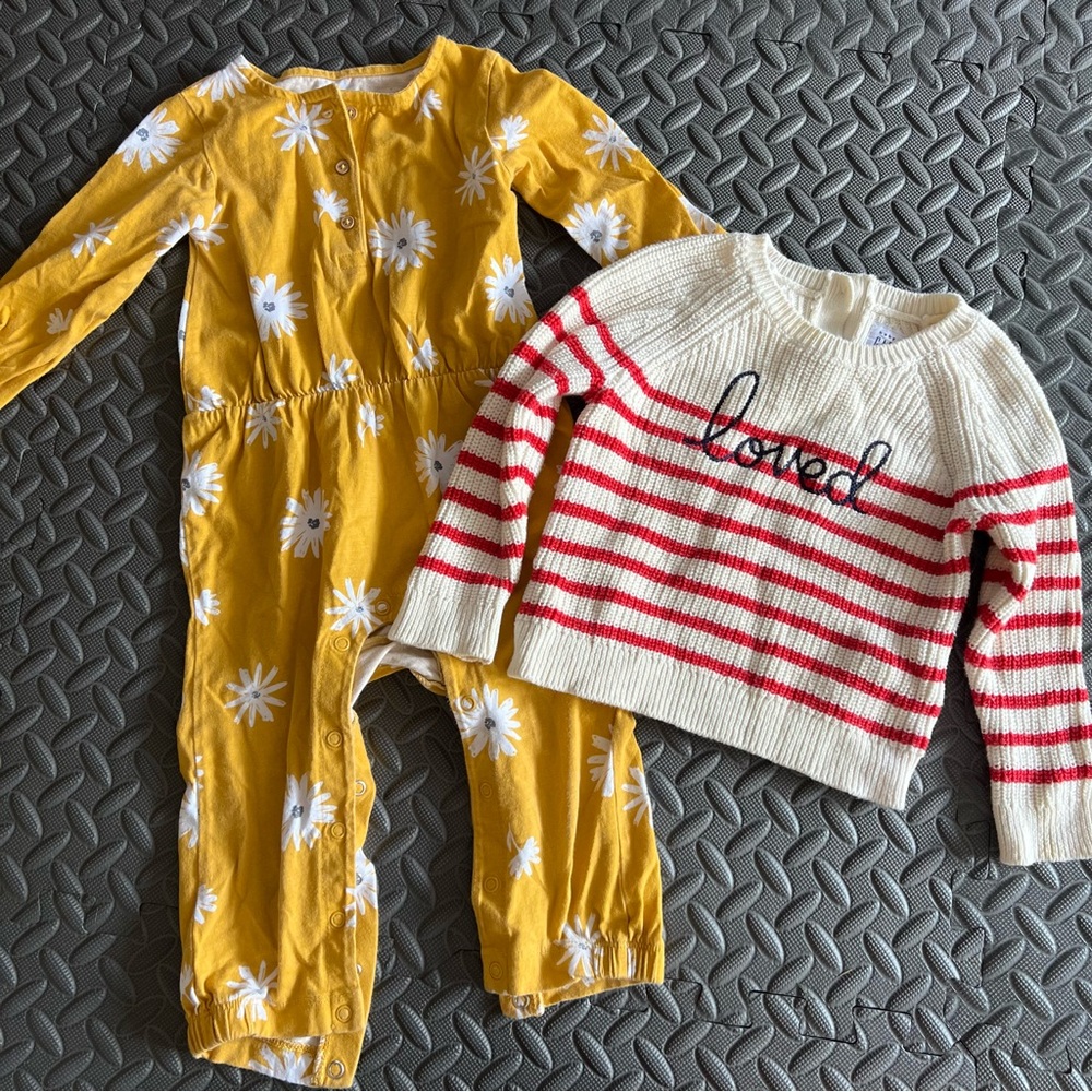 GAP Cream Striped Knit Loved‎ Sweater and Carters Long Sleeve Floral Jumpsuit